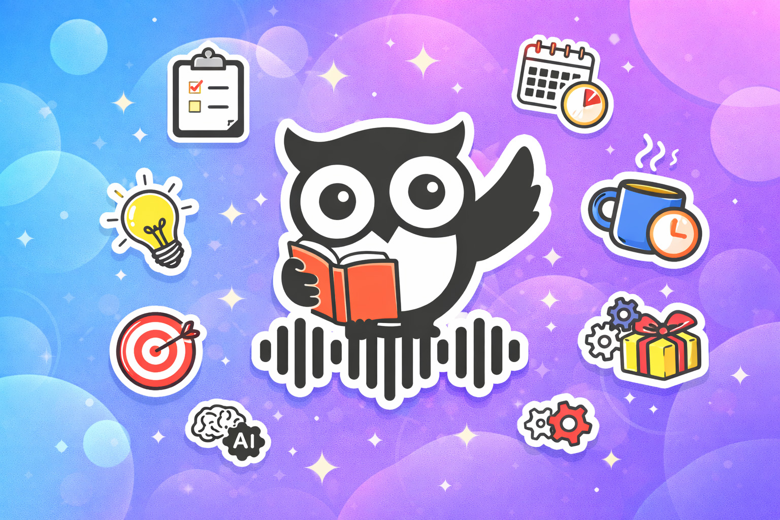 AI transcription cover illustration (owl + icons).