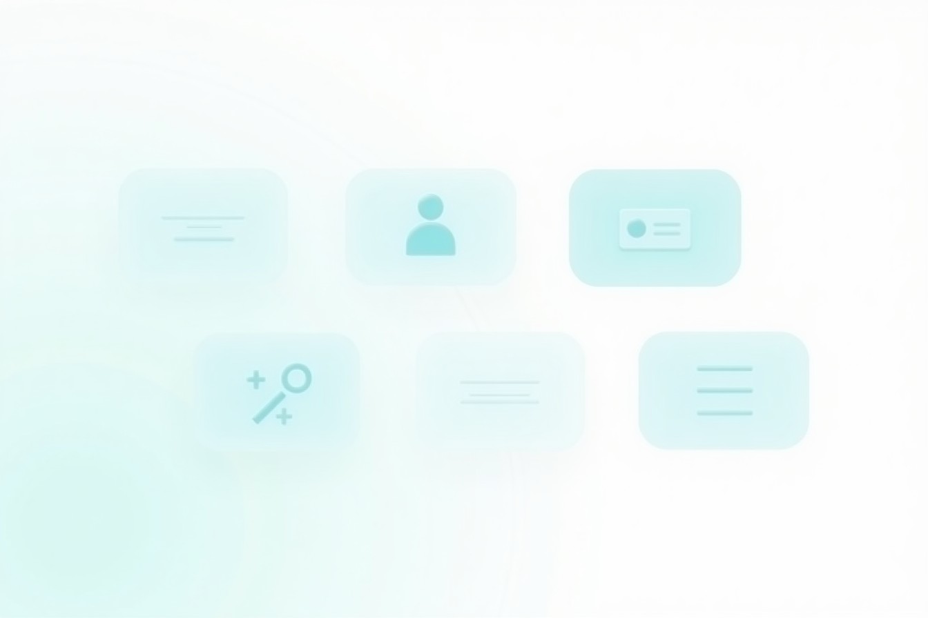 Stylized product UI scene for AI transcription notes and insights (no text).